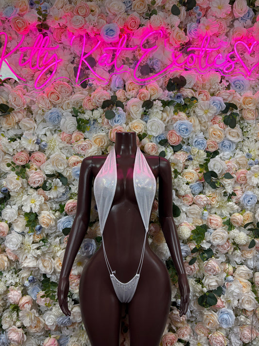 Silver metallic bodysuit with V-cut front and thin shoulder straps