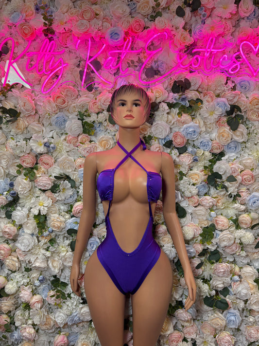 Purple one-piece bodysuit with halter straps and cutout front, low back