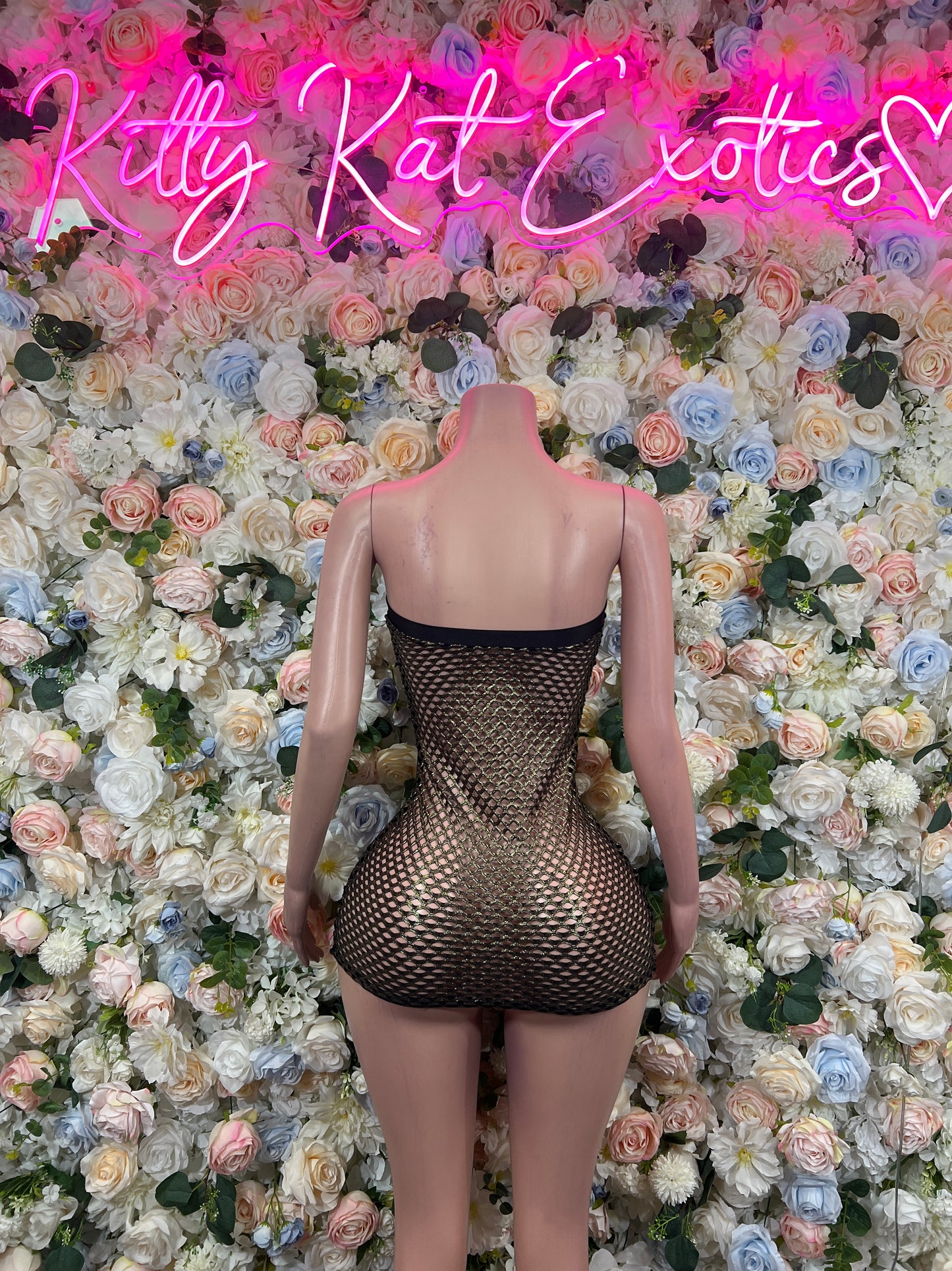 Black mini dress backless with fishnet bodice and thin straps