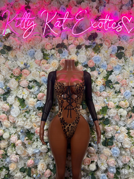 Leopard-print long-sleeve bodysuit with strappy lace-up front and cutout
