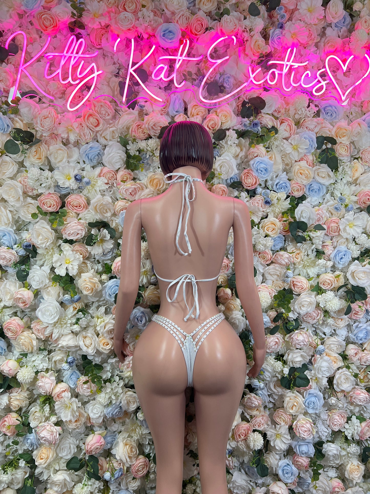 White rhinestone bikini set back view with tie straps and thong bottoms