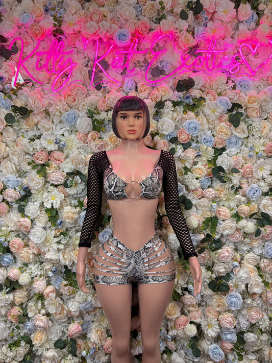 Snake-print dancewear set: cropped bra, high-waist shorts, long sleeves.