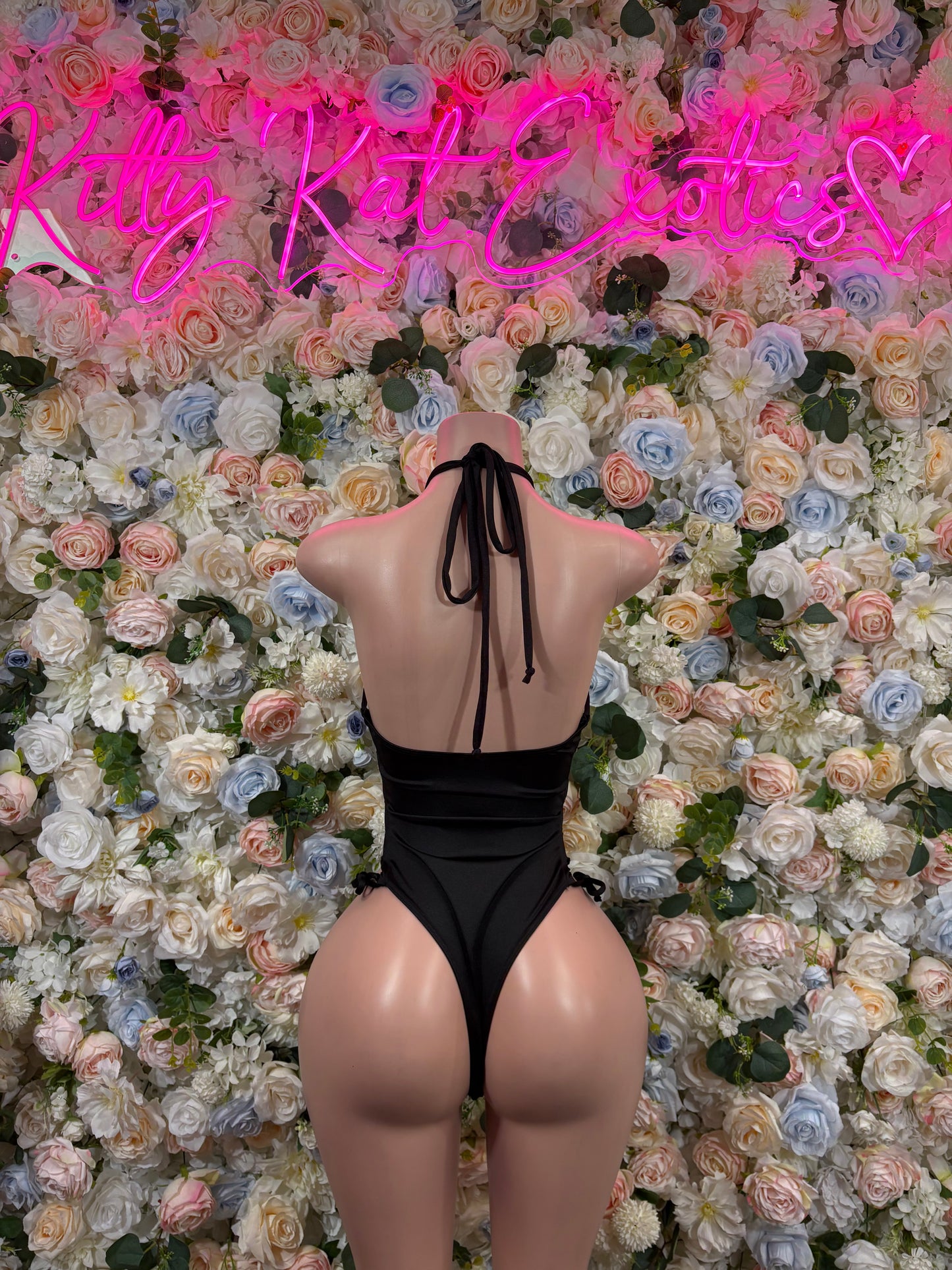 Black mesh heart bodysuit, open back with lace tie strings