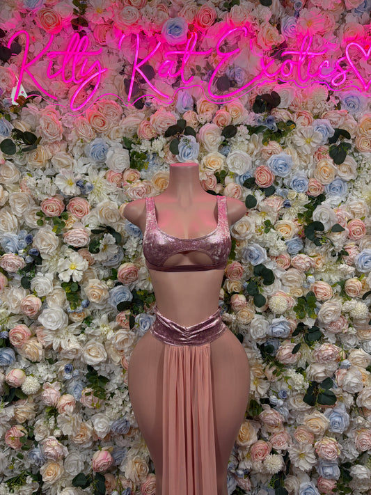 Rose pink mesh dancewear gown with bra top and draped maxi skirt