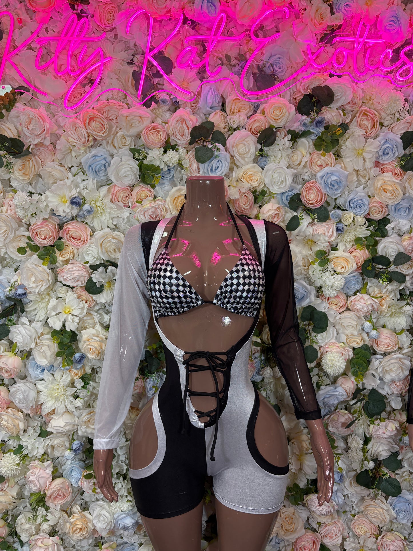 Black Silver Checkered Bodysuit, Goth Rave Romper, Lace-Up Cutout Clubwear