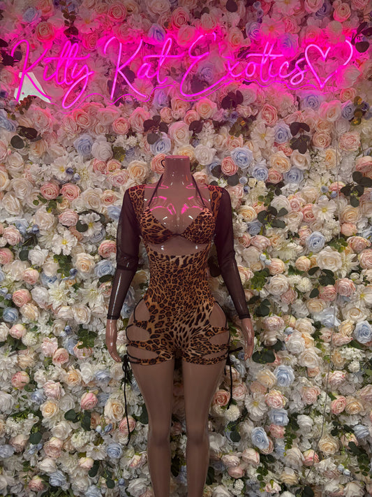 Leopard-print long-sleeve bodysuit with cutout sides and sheer mesh sleeves