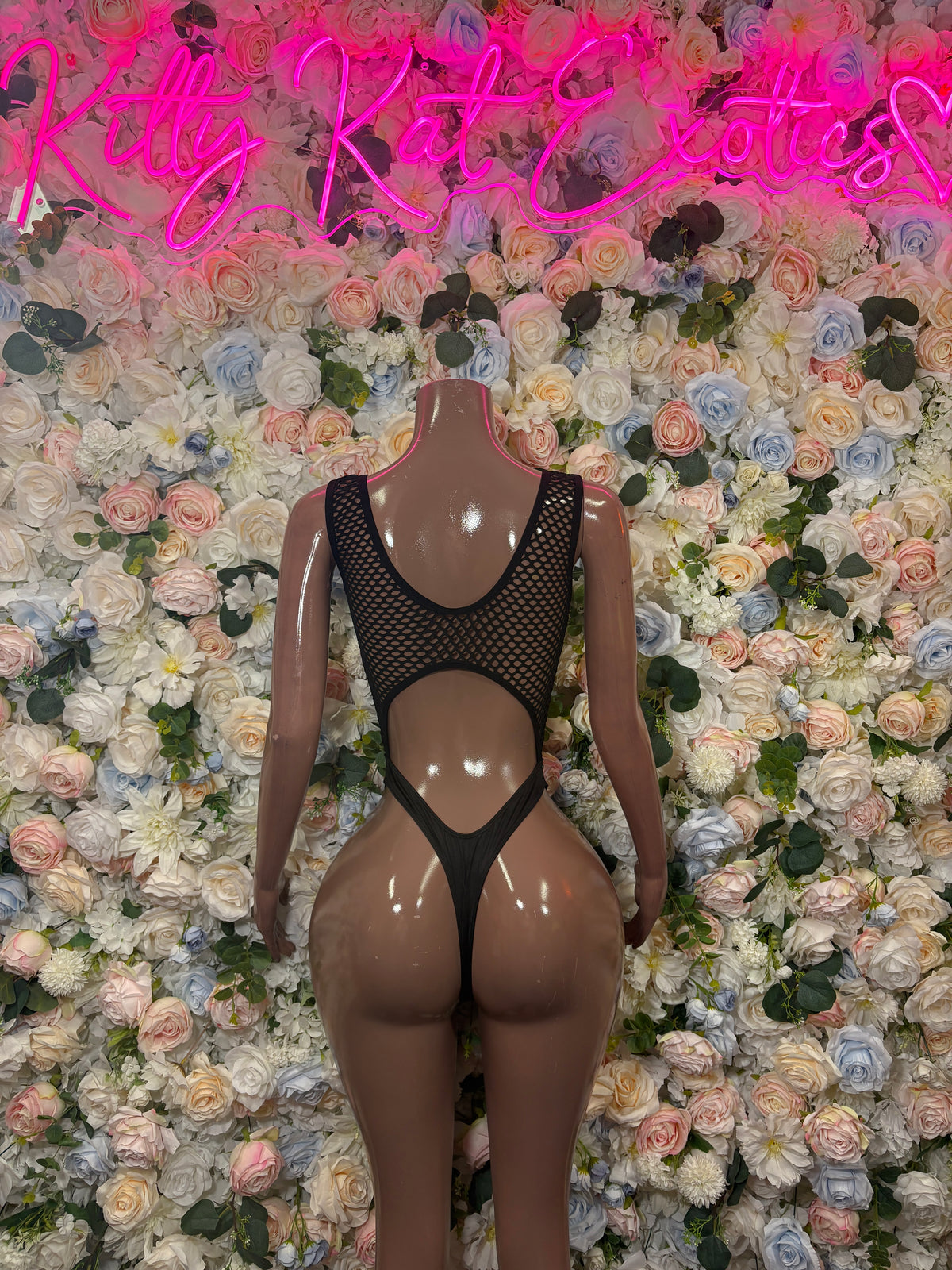Black Fishnet Bottlegirl Bodysuit Bartender One Piece Outfit Clubwear VIP Bottle Service Uniform Sexy Romper