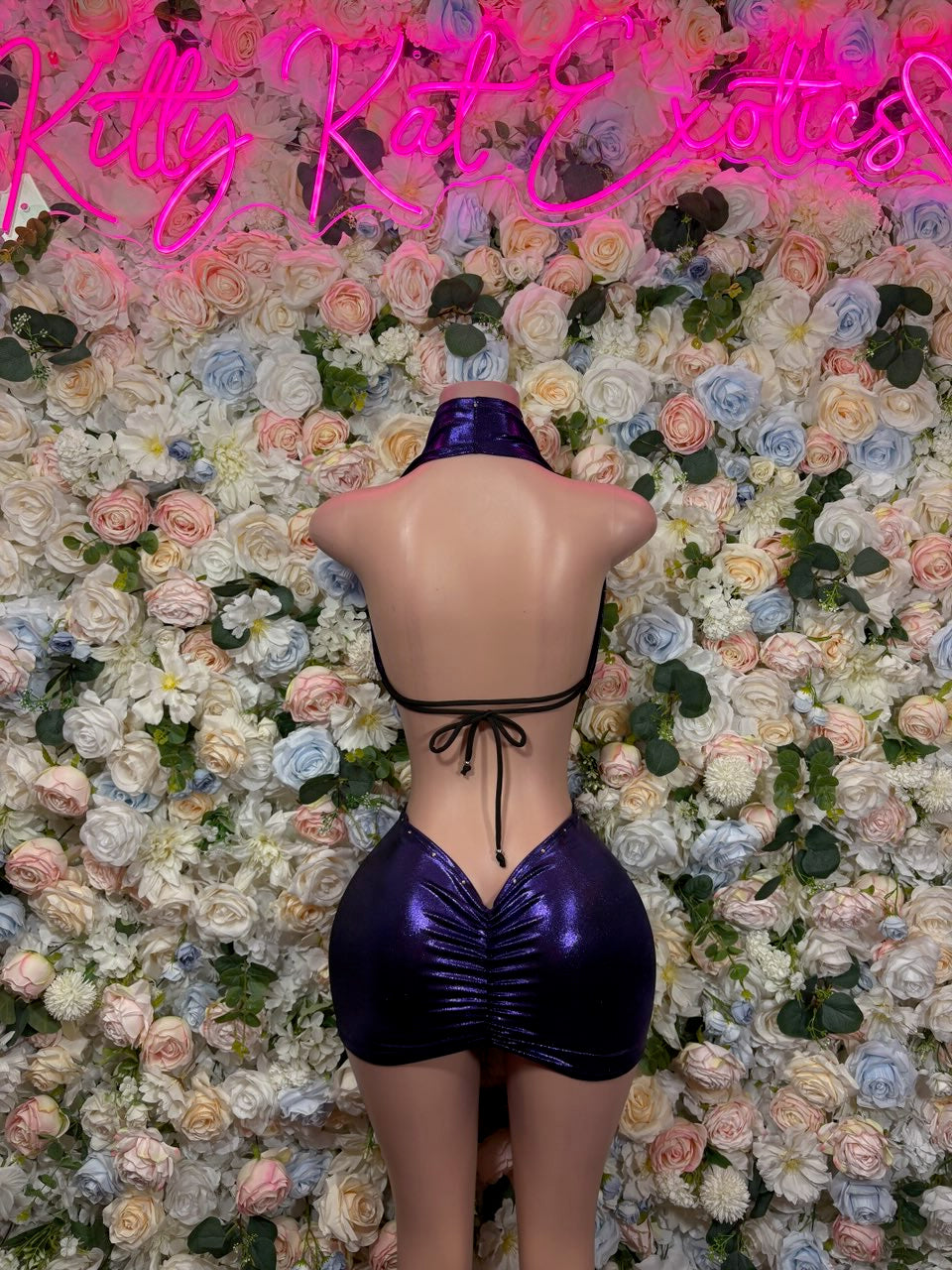 Shiny metallic halter crop top with tie-back and mini skirt, dark purple