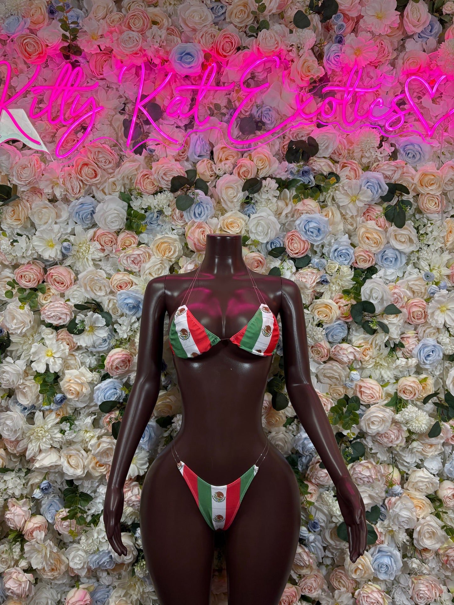 Mexican flag bikini bodysuit with red, green, white triangle top and matching thong bottom