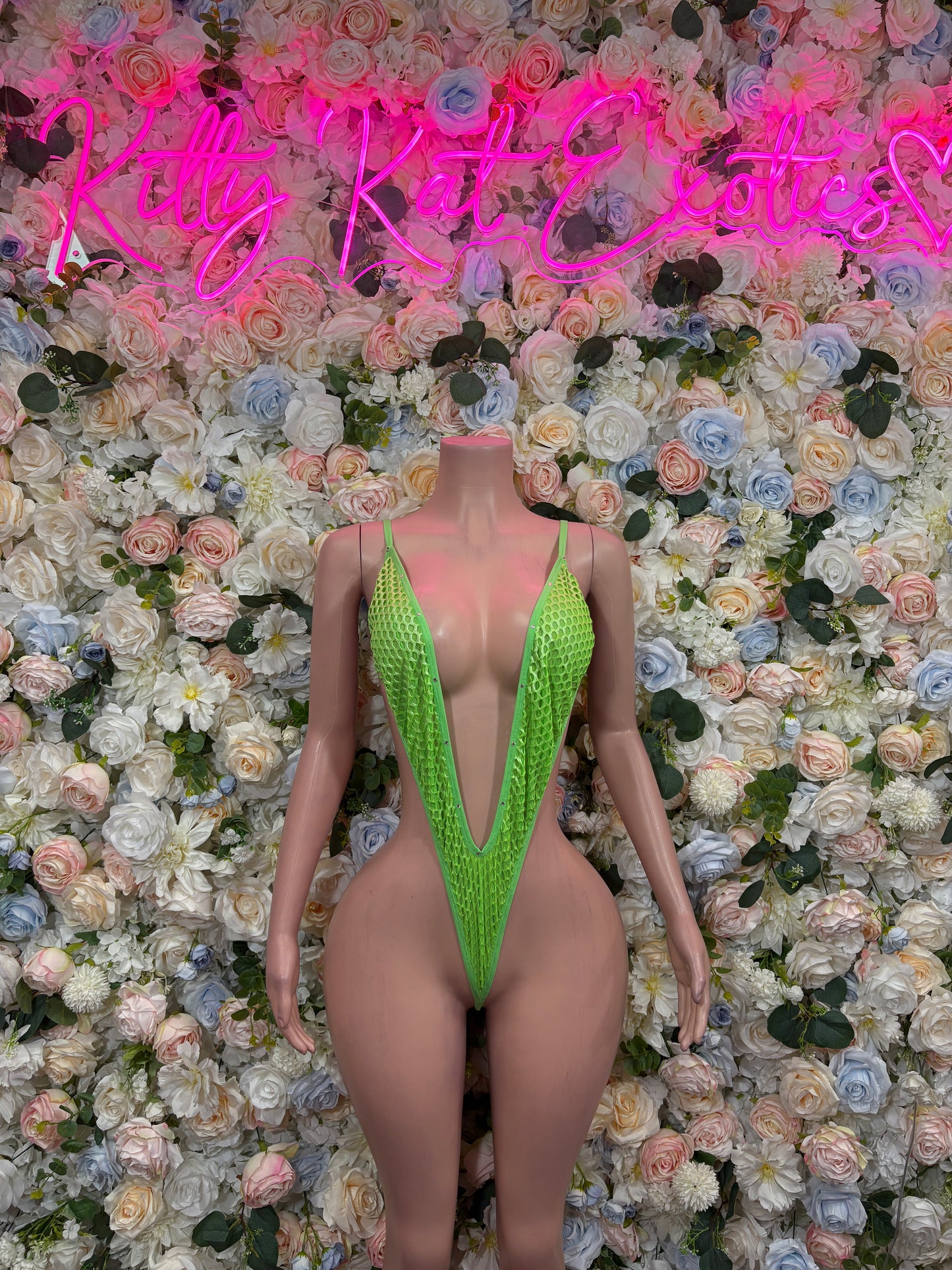 Exotic Dancewear One-Piece Fishnet Slingshot - Neon Green Raves, & Festival Clothing