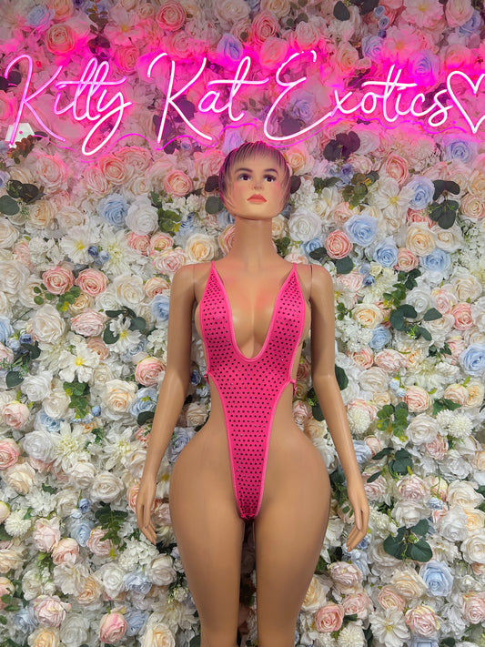 Pink rhinestone bodysuit with deep V-neck, slim one-piece fit