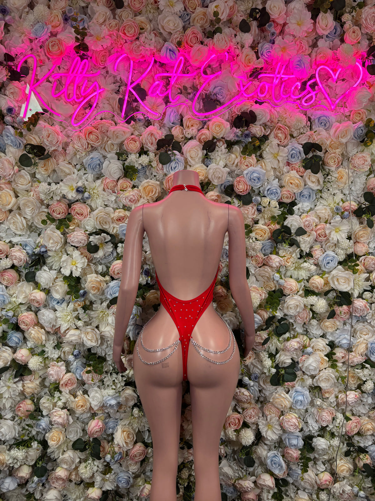 Red Rhinestone Mesh Plunge Chain Bodysuit | Sexy High Cut Festival Rave Clubwear