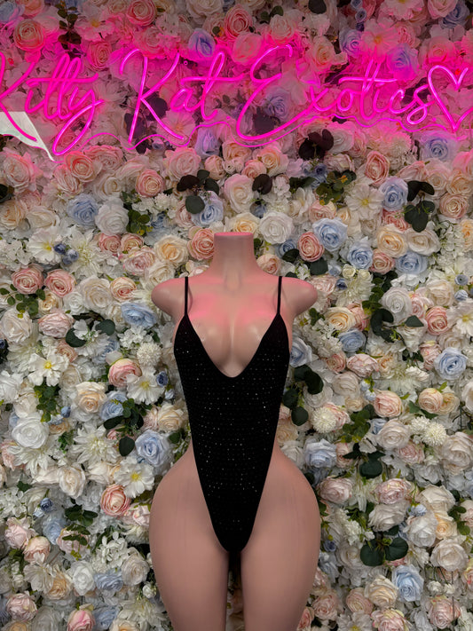 Black sleeveless bodysuit with deep V neckline and thin adjustable straps