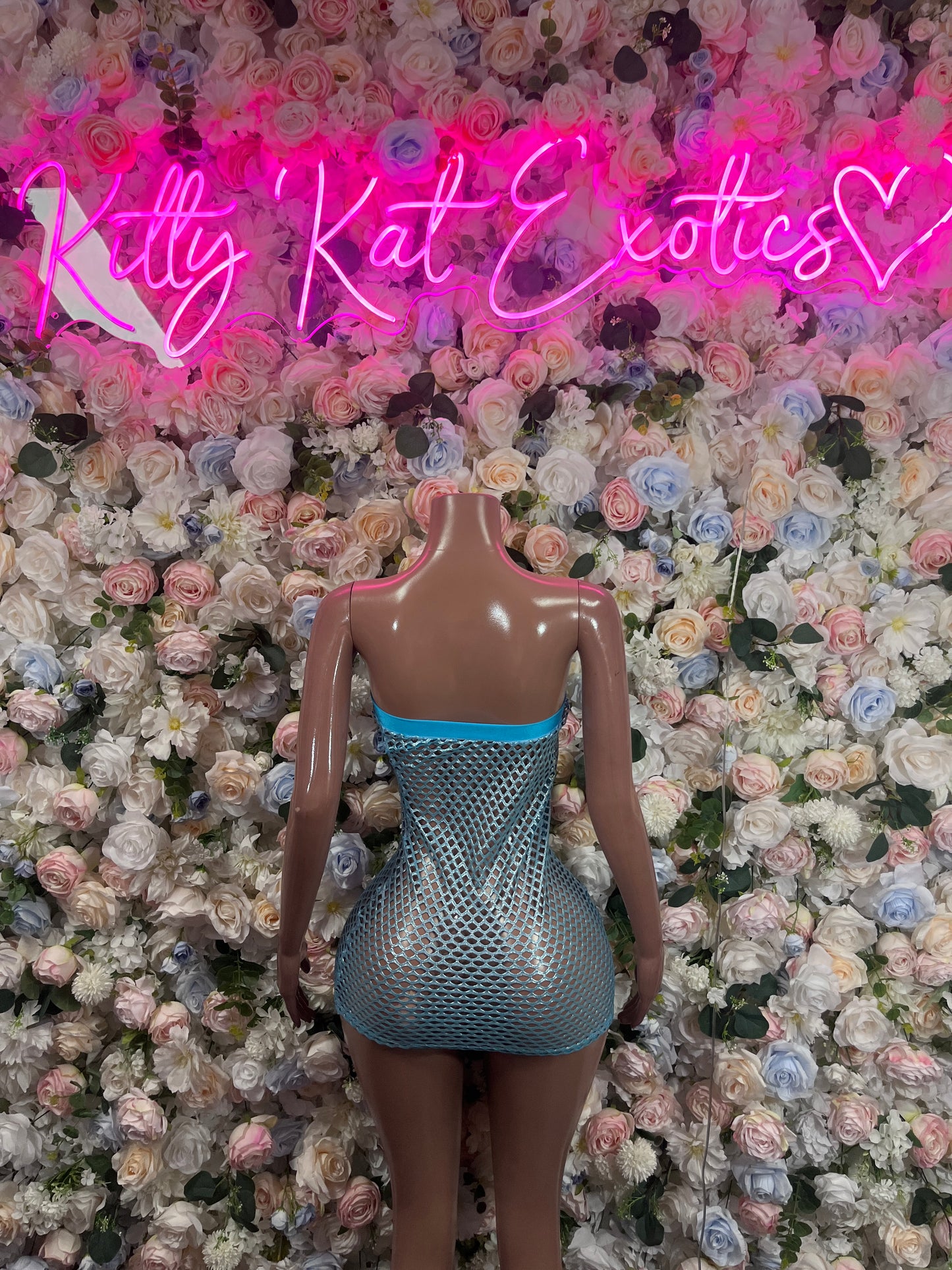 Blue fishnet mini dress, one piece with V-back and scalloped hem