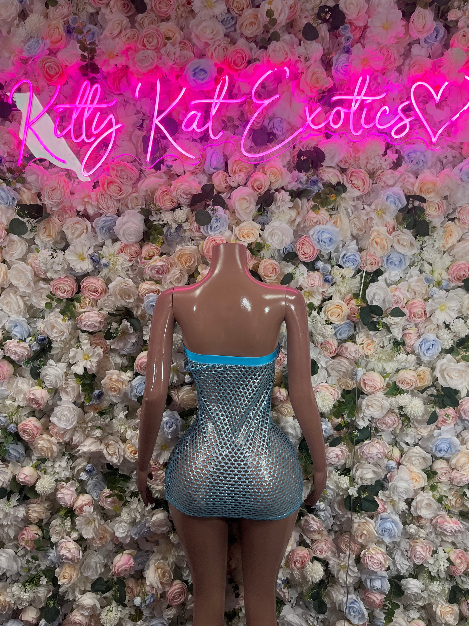 Blue fishnet mini dress, one piece with V-back and scalloped hem
