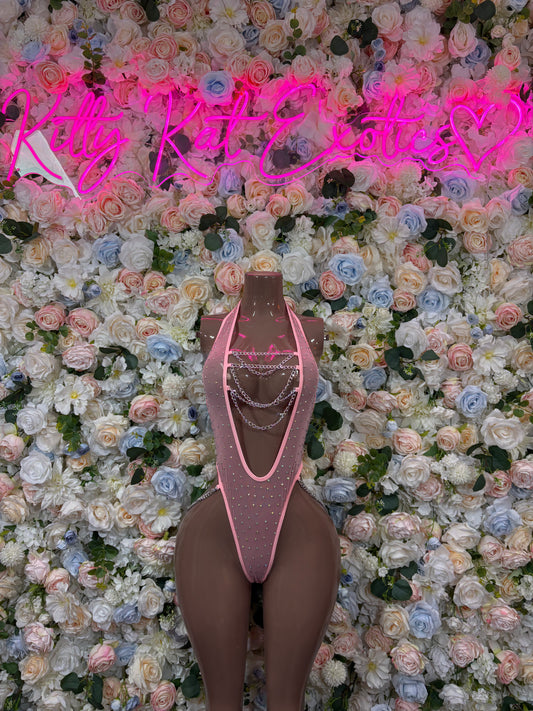 Festival Bodysuit Pink Fishnet Chainlink Rhinestone Outfit
