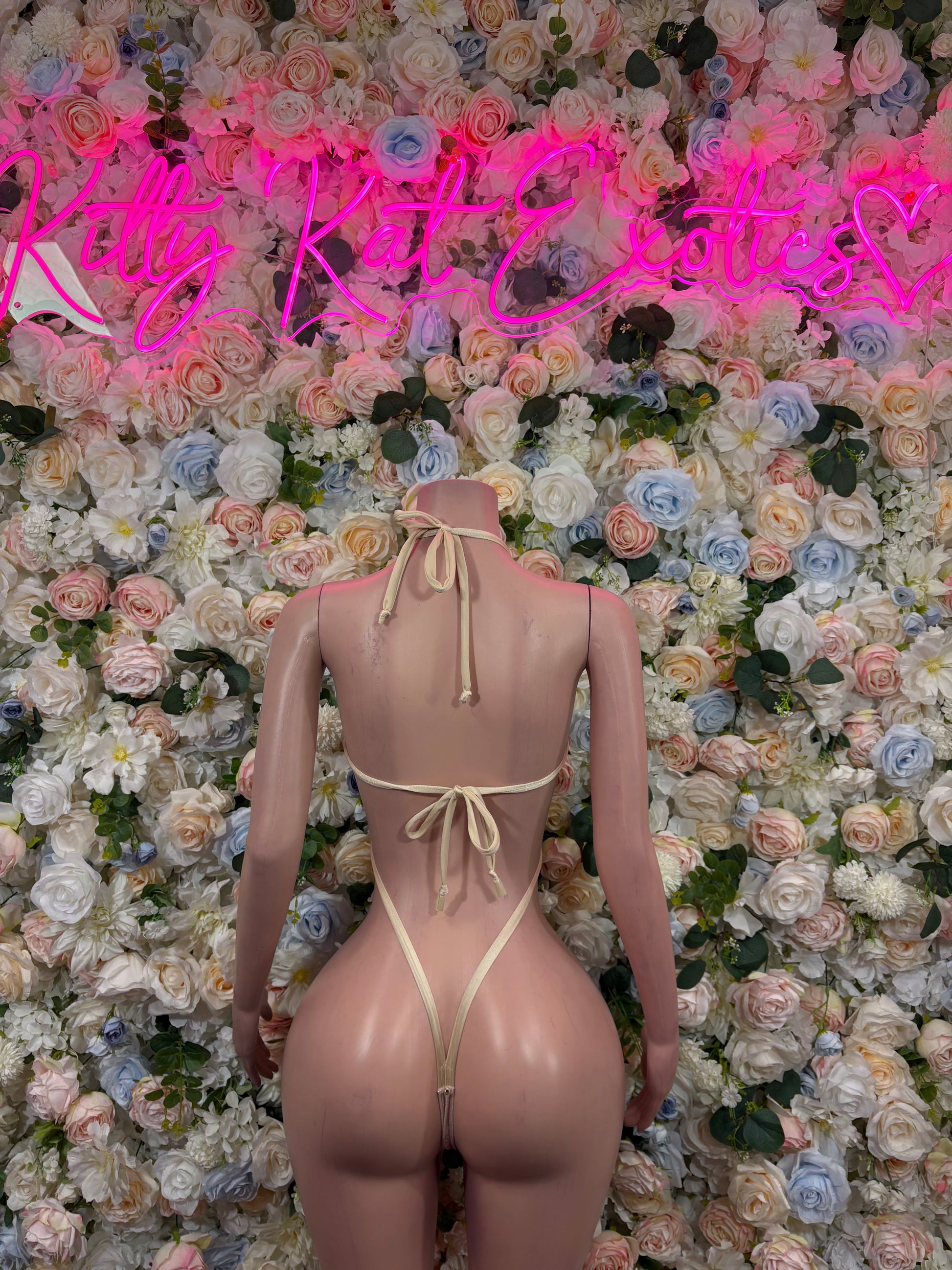 Gold metallic thong bodysuit with open back ties and back cutout