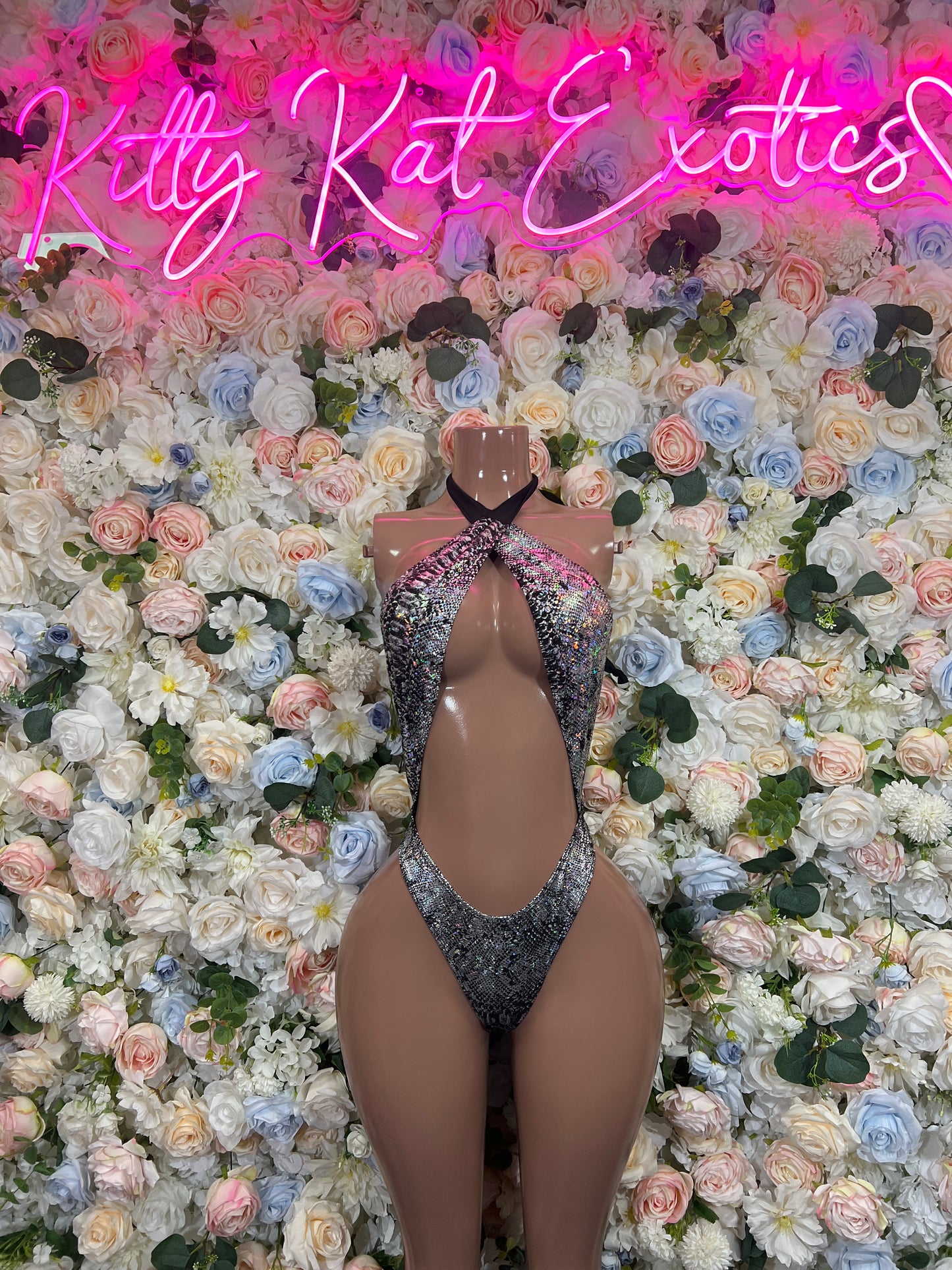 Holographic Snake Print Monokini Bodysuit - Iridescent Metallic Deep Plunge High Cut Exotic Dancewear for Raves Festivals Performers