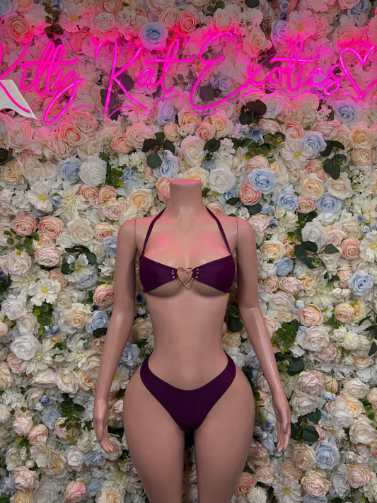 Purple two-piece rave bikini: triangle underwire bra and high-cut panties.