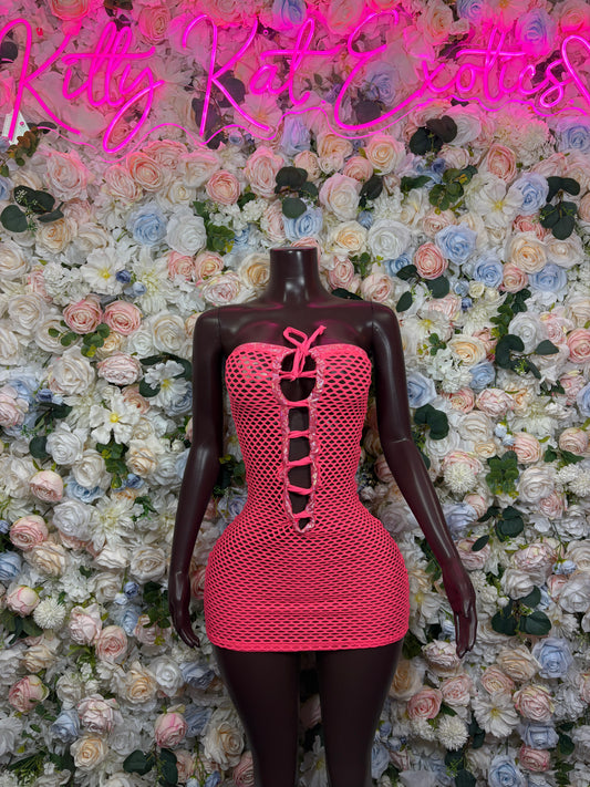 Coral fishnet corset dress with lace-up front, strapless sweetheart neckline