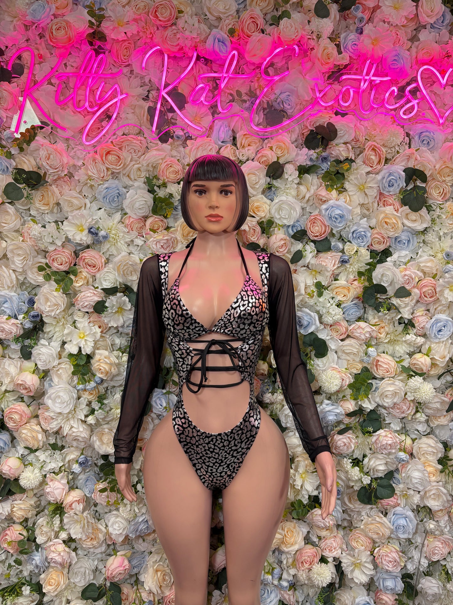 Silver Cheetah Hologram Bottlegirl Bodysuit - Women’s Exotic Dancewear, Bartender Costume & Rave Clubwear