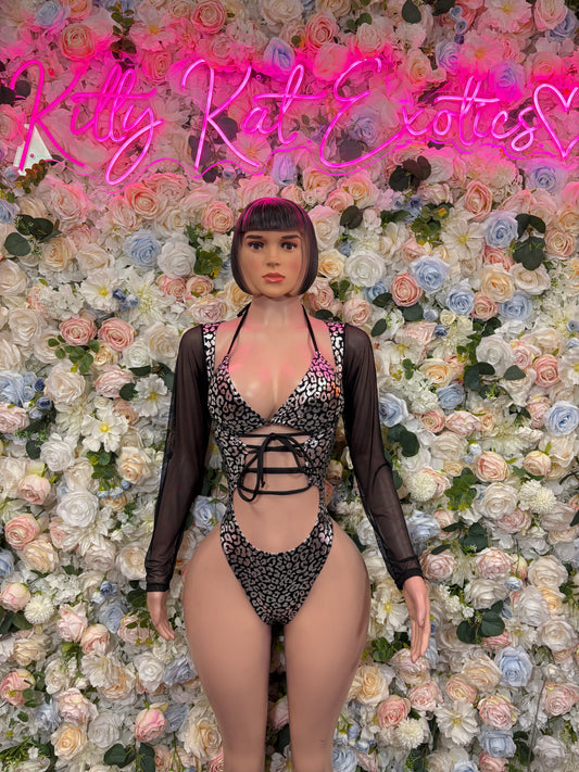 Black cheetah-print bodysuit with long sleeves and crisscross lace-up front