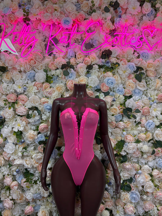 Rave bodysuit with hot pink front and dark long sleeves