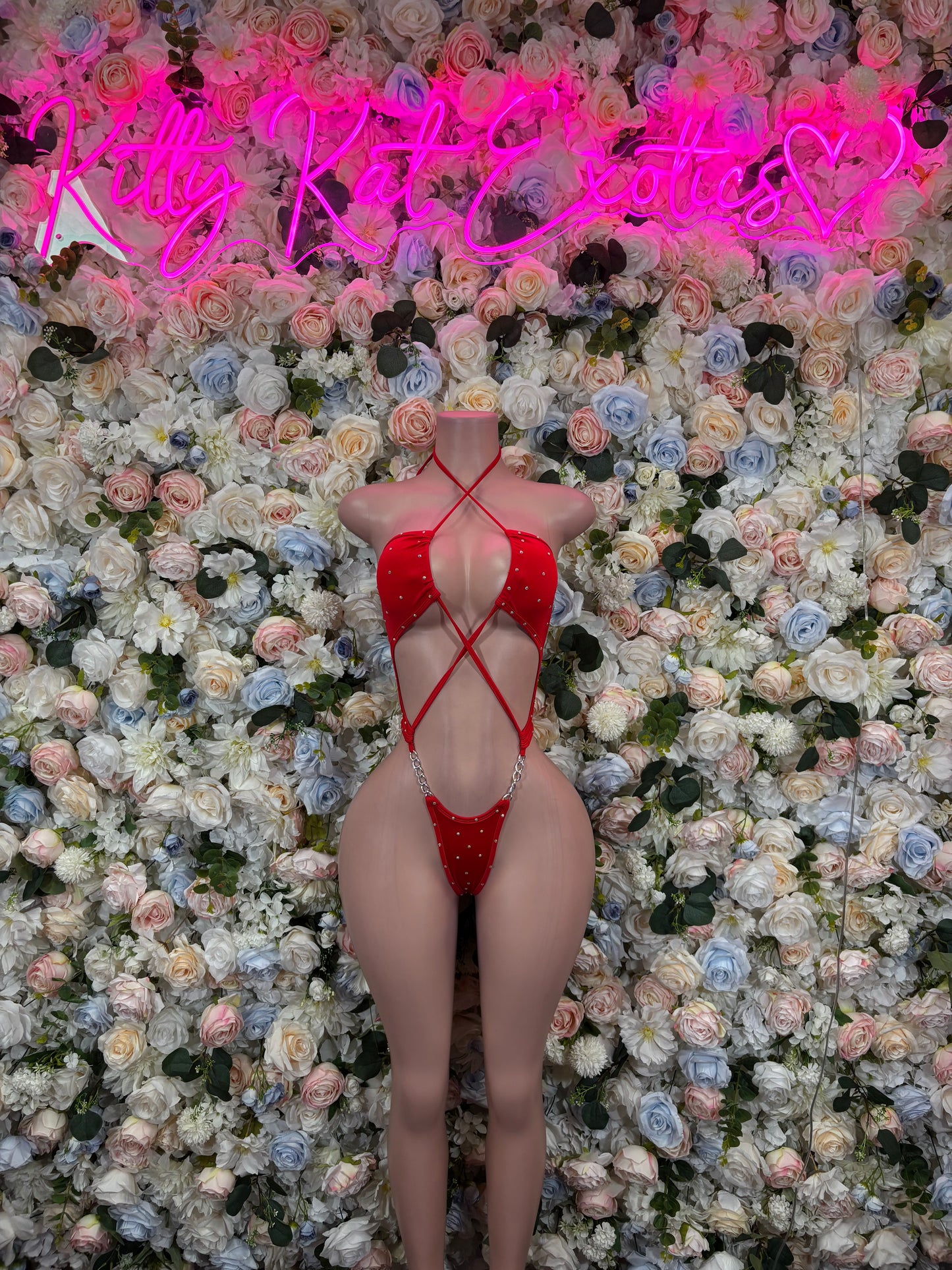 Red Rhinestone Strappy Criss Cross Slingshot Bodysuit | Sexy Chain Festival Rave Clubwear