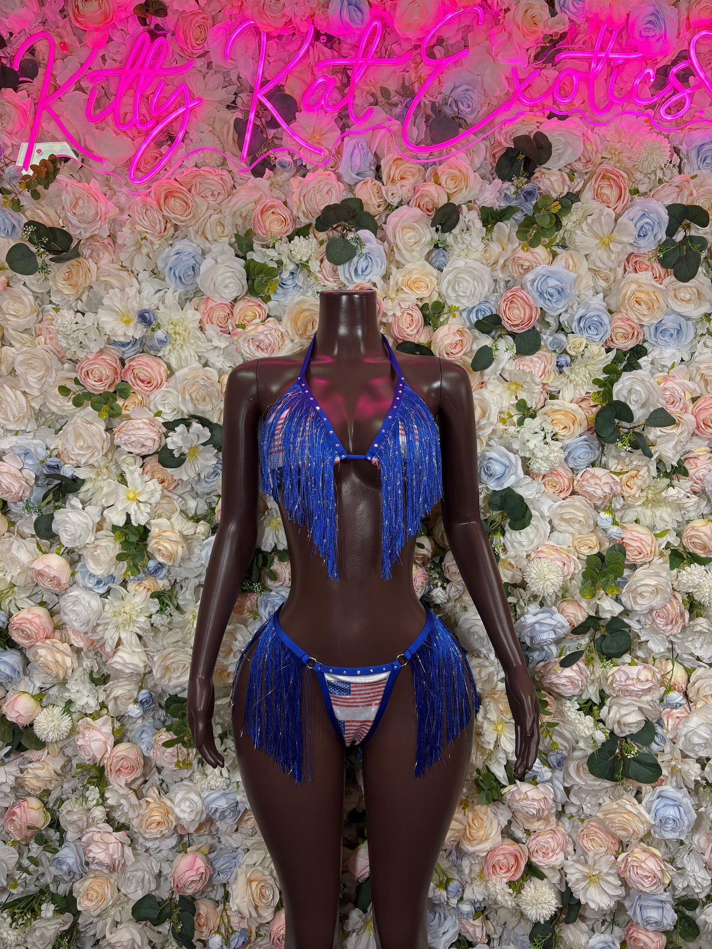 Blue star fringe halter bikini set with red-and-white striped cheeky bottom