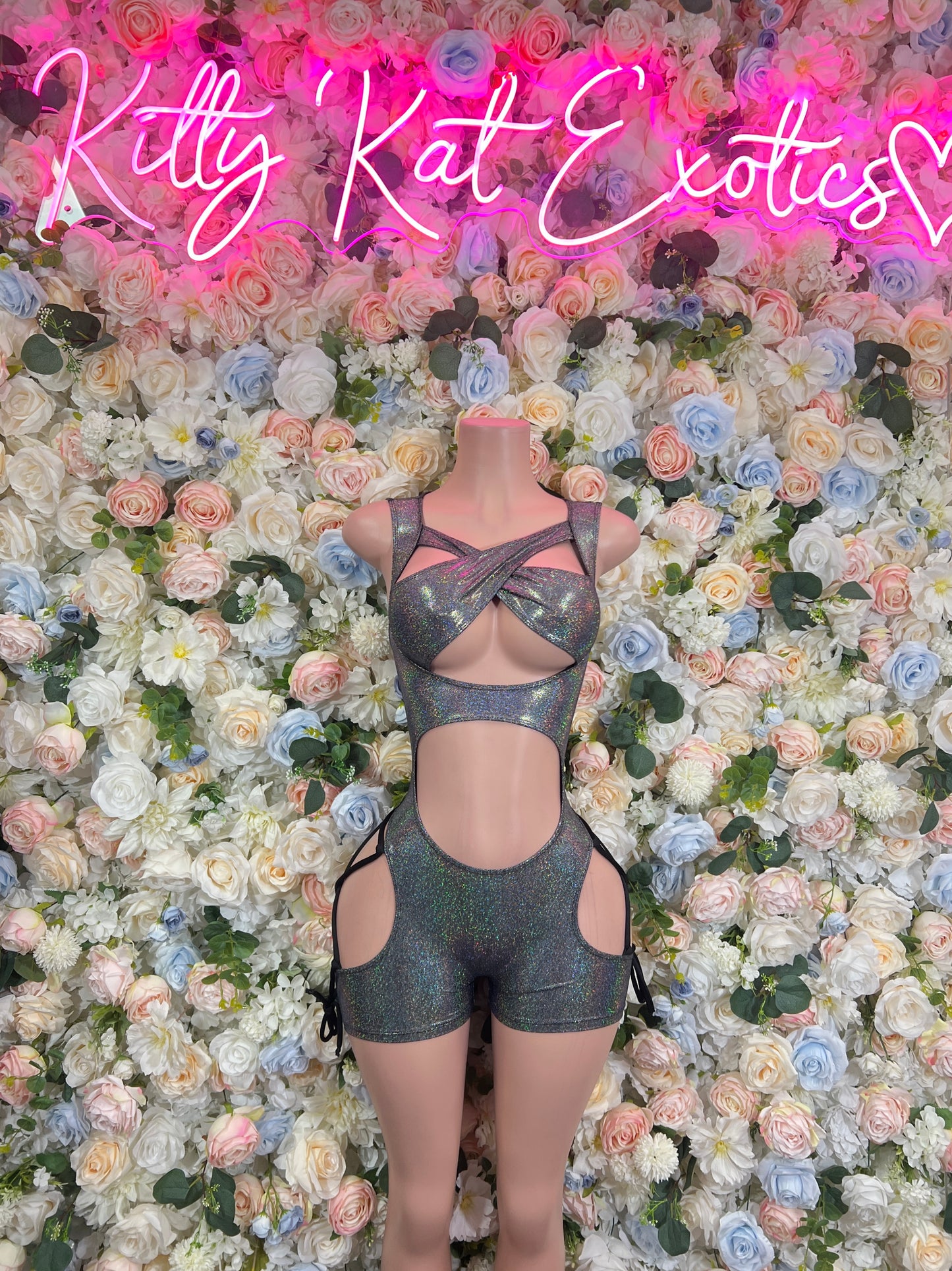 Chrome metallic bodysuit with keyhole back cutout and high-leg shorts