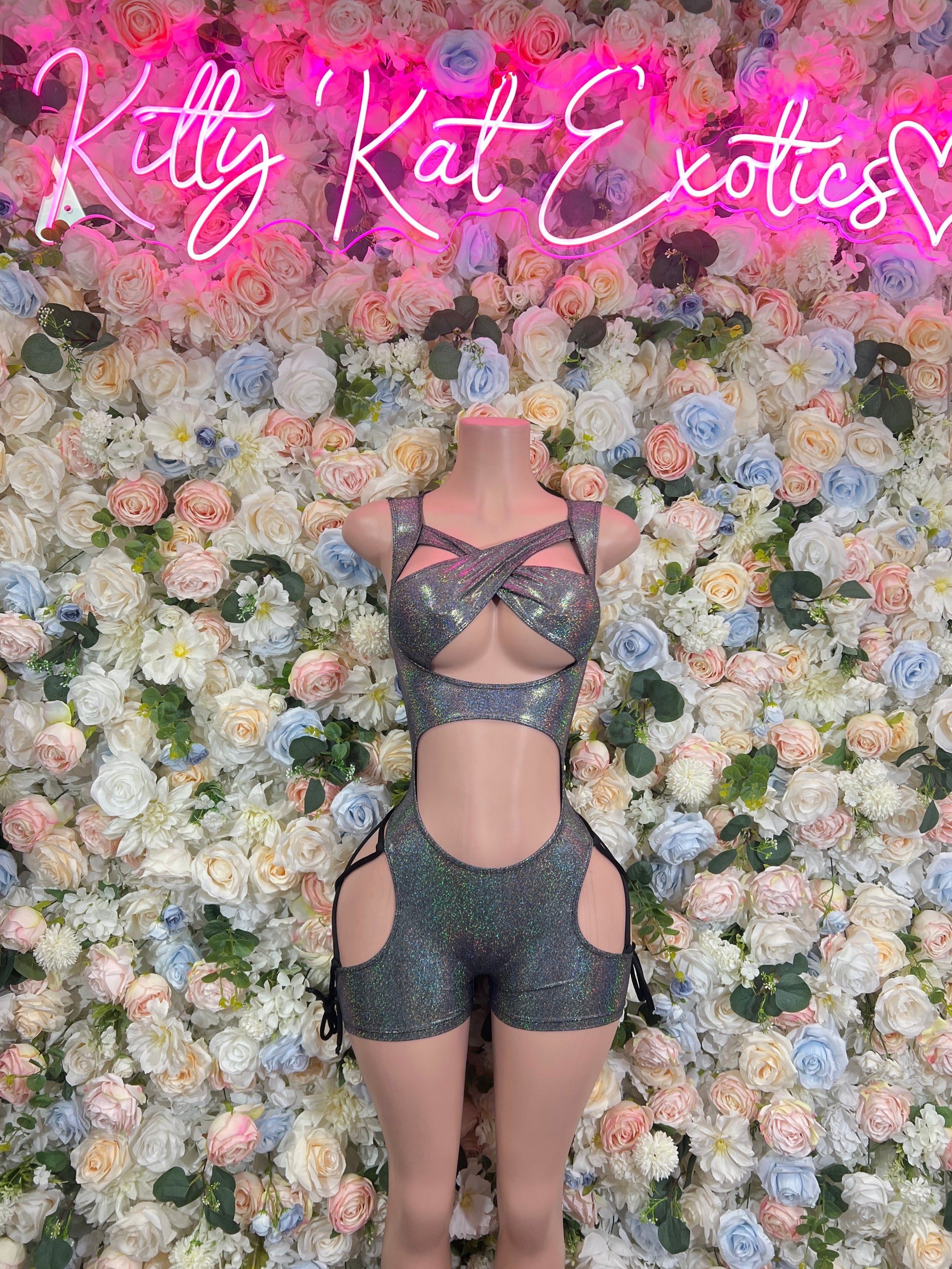 Chrome metallic bodysuit with keyhole back cutout and high-leg shorts