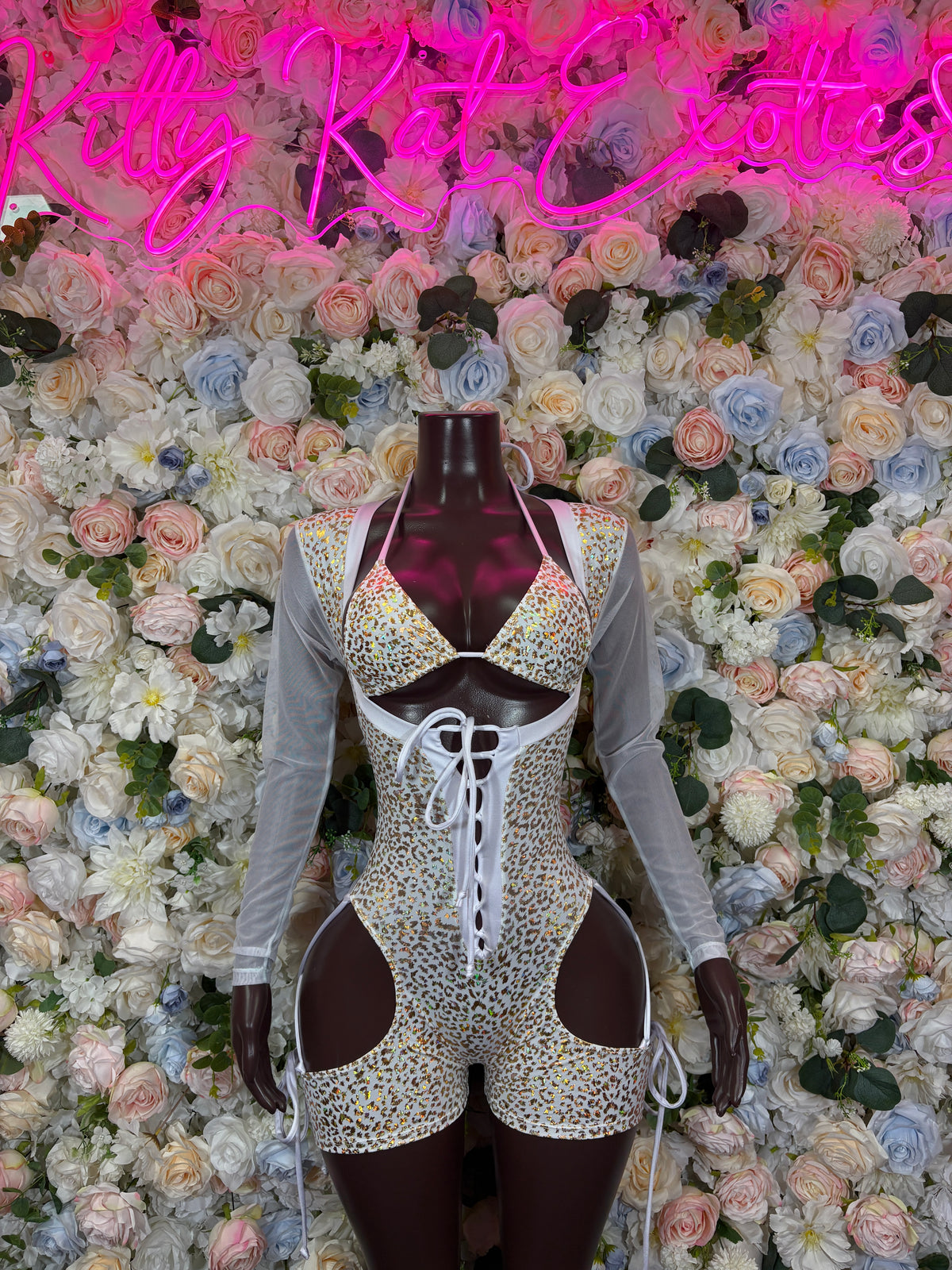 Bottlegirl White Gold Cheetah Bodysuit Exotic Dancewear, Rave & Festival Outfit