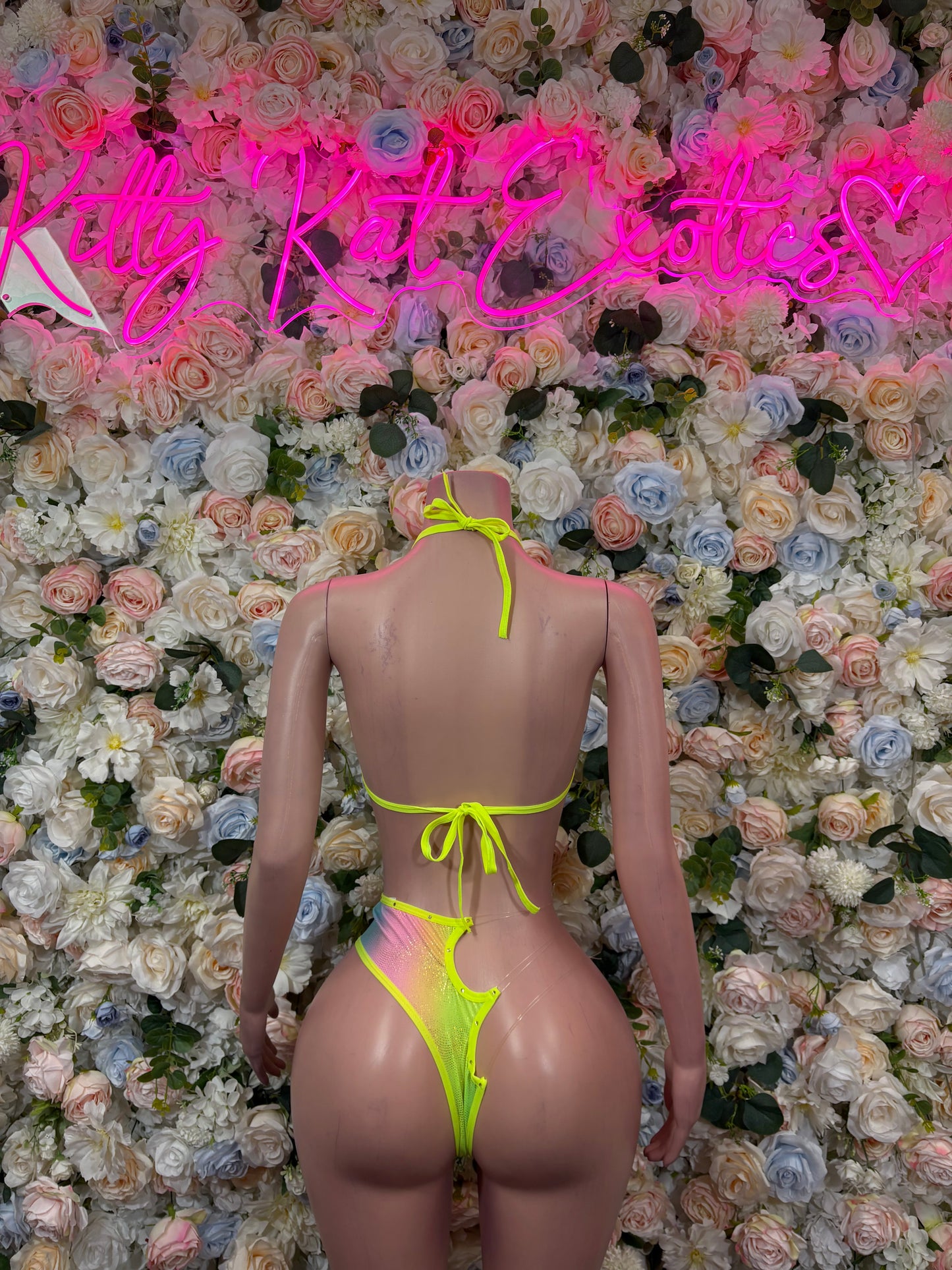 Neon green rave bikini set, strappy back with triangle top and tied cheeky bottoms