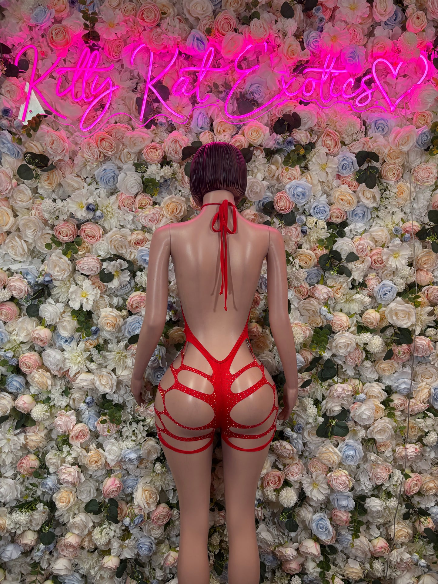 Red Rhinestone Criss Cross Halter Cutout Romper | Sexy Festival Rave Clubwear Bodysuit