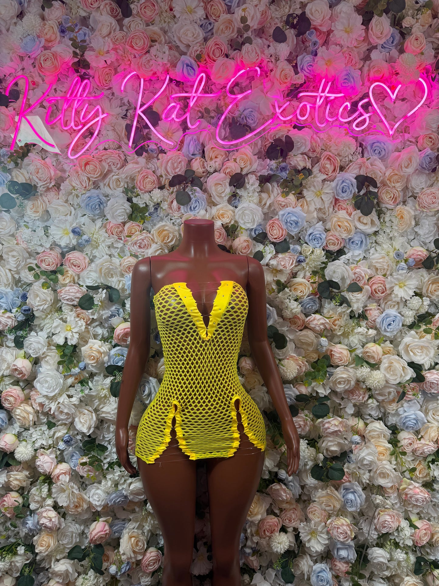 Yellow Fishnet Bodysuit: Rave Outfit, Exotic Dancewear
