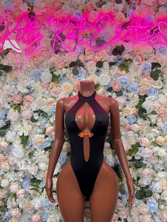 Black one-piece bodysuit with halter neck and keyhole cutout, orange waist detail