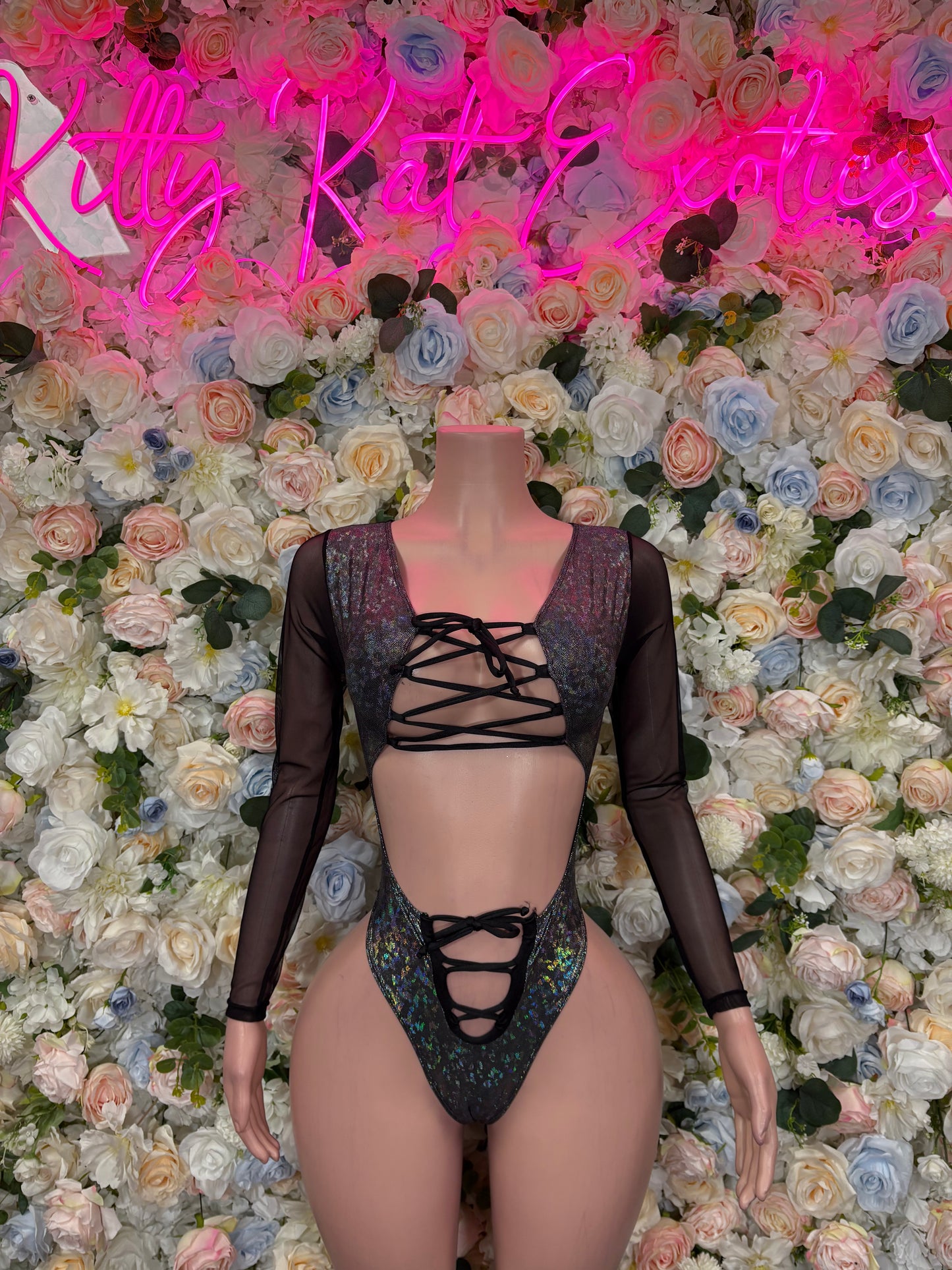 Bottlegirl Outfit Black Metallic Bodysuit - One Piece Bartender Outfit, EDM Dancewear, Party Clubwear