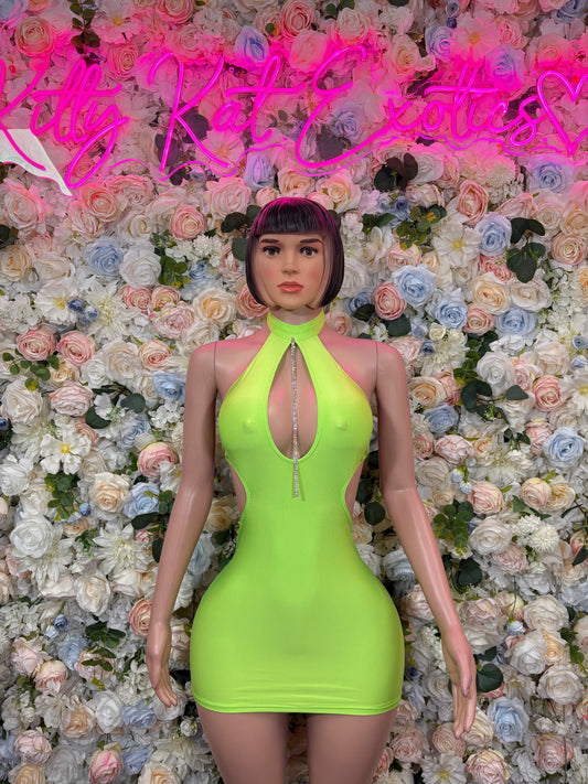 Neon green halter mini dress with plunging neckline and neck tie, front view