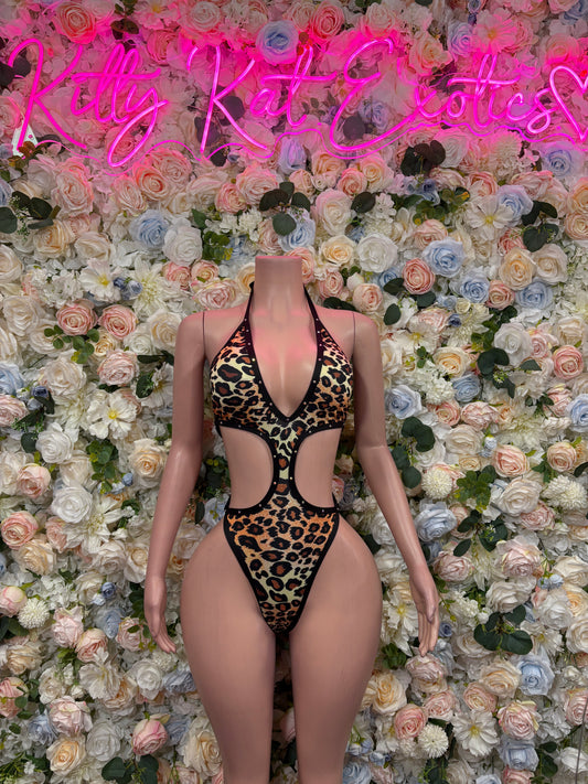 Leopard print halter bodysuit with cutout front and black straps