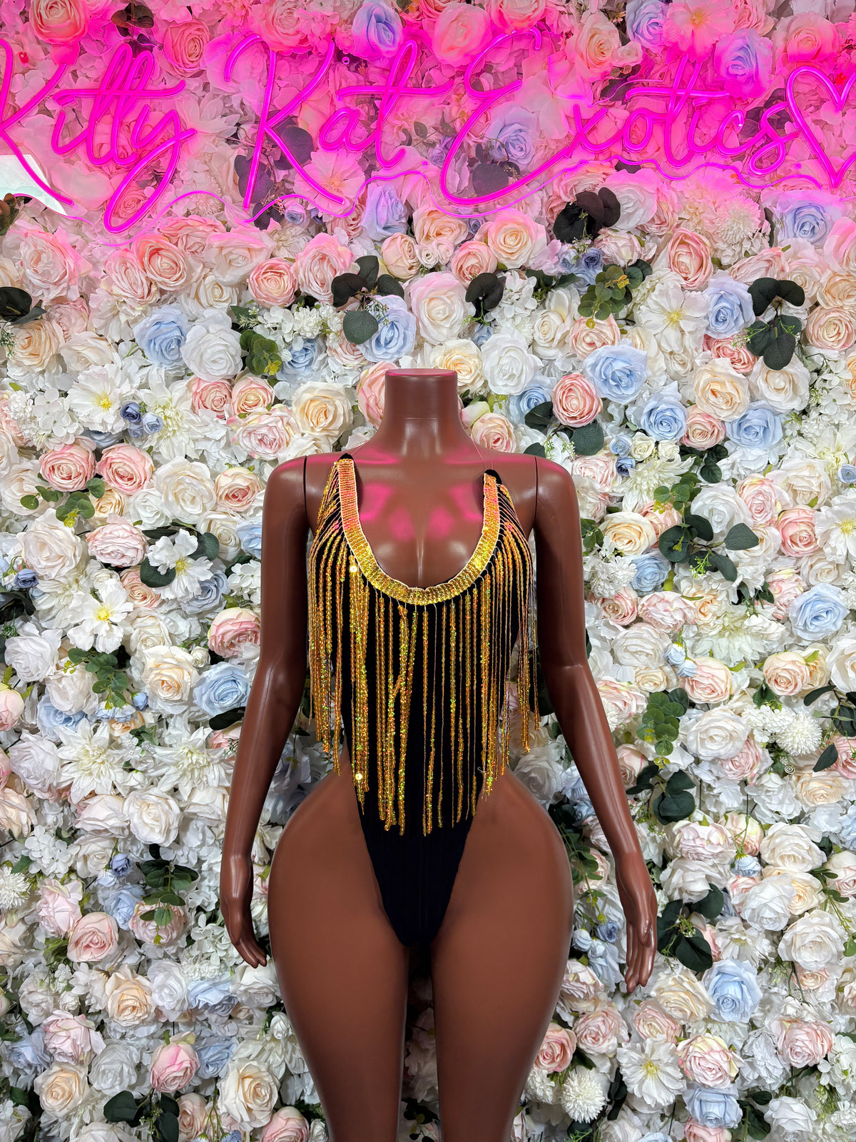 Dancewear Gold Fringes And Black Bodysuit | Bartender Exotic Dancewear Rave Outfit
