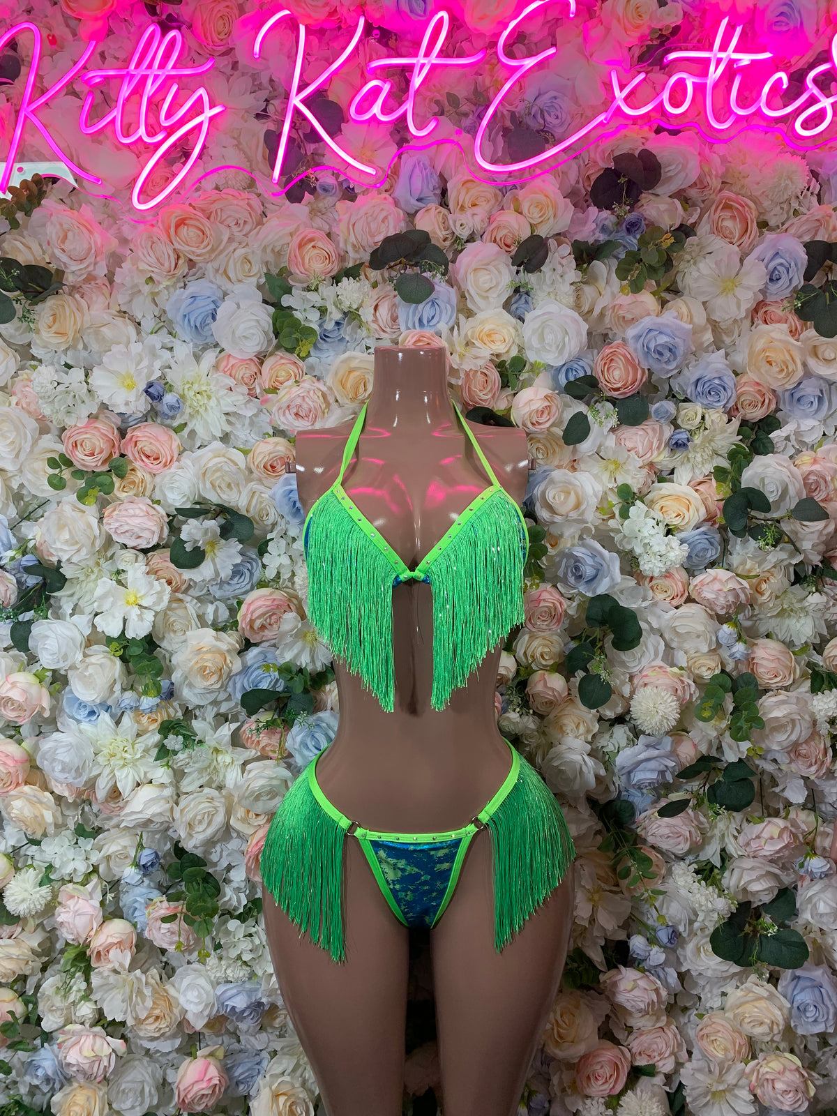 Neon green fringe festival bodysuit with halter top and thong bottoms