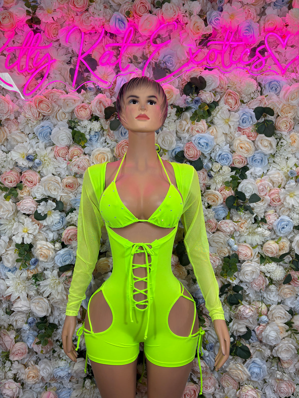 Neon Green Bottlegirl Bodysuit, Long Sleeve Rave Outfit, Festival Clubwear