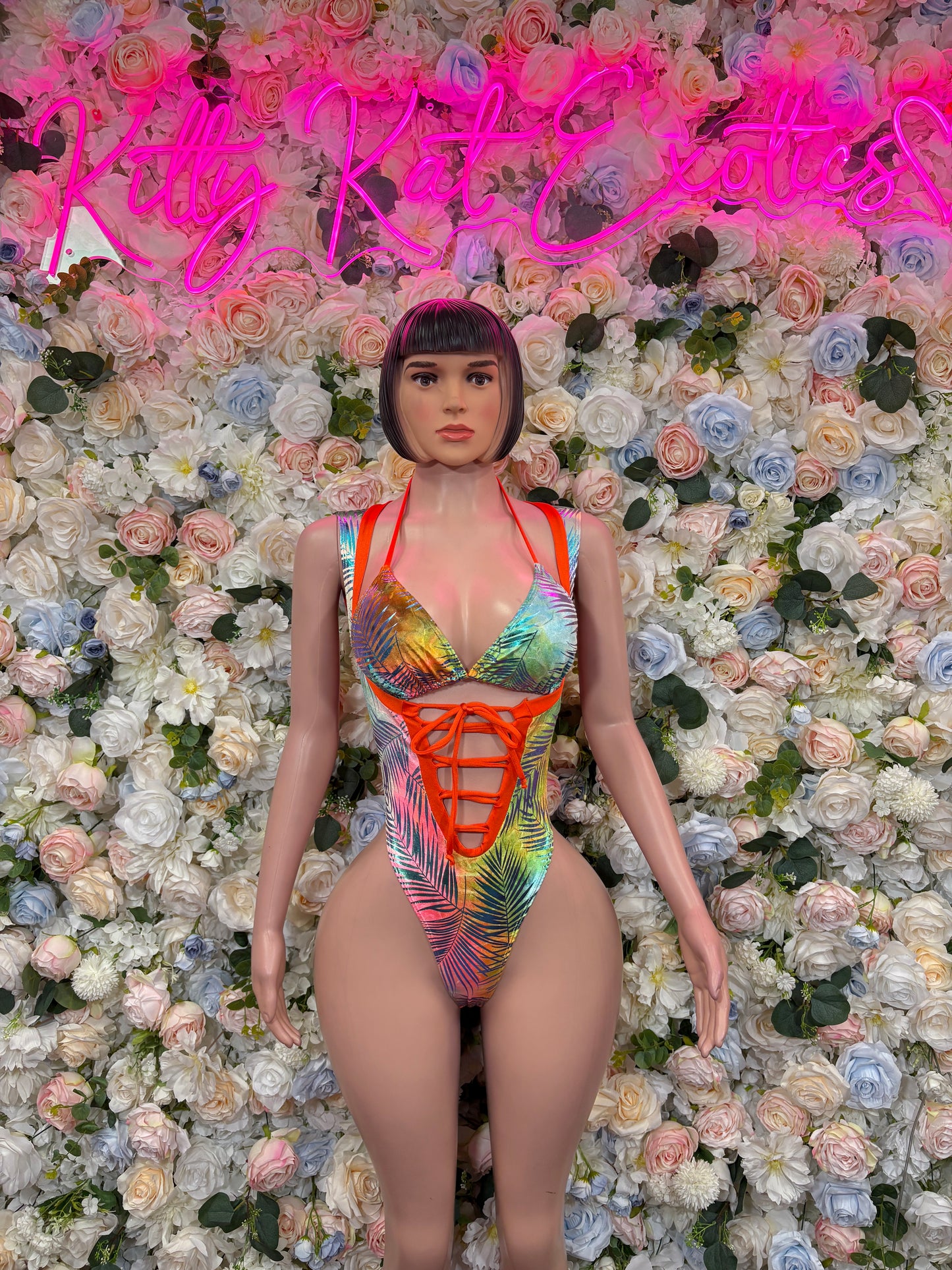 Orange Tropical Print Bodysuit Women - Bottle Girl Bartender Outfit, Rave Festival Dancewear Clubwear