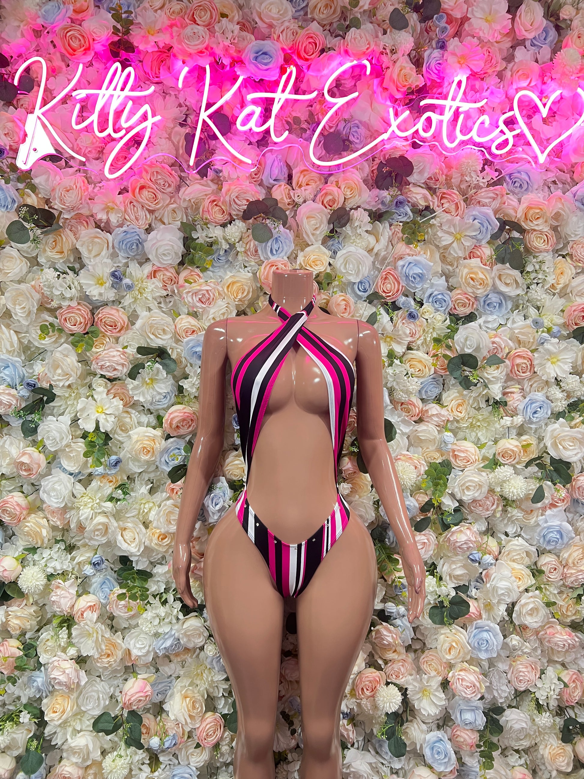 Multicolor striped open-back bodysuit with halter straps