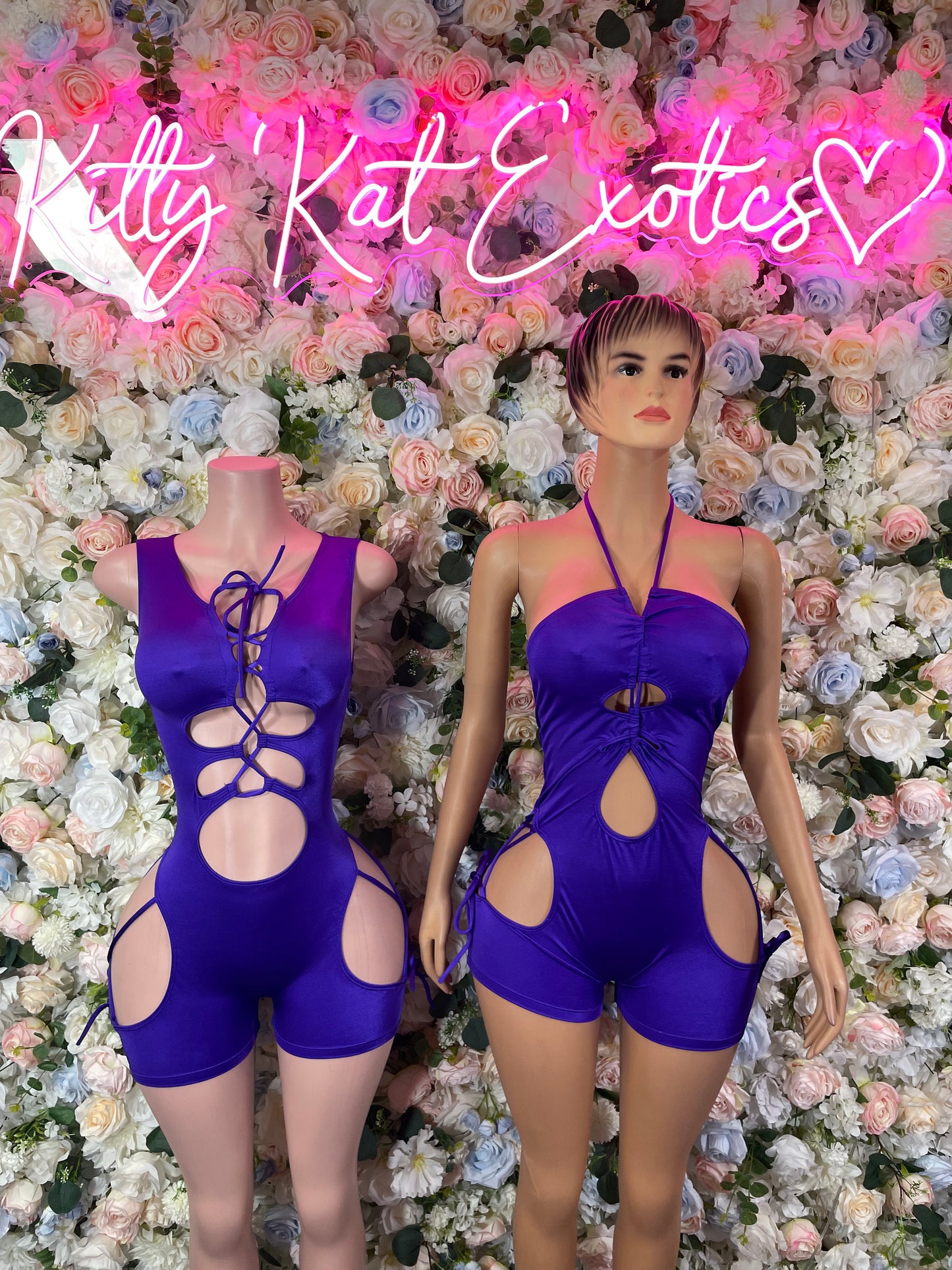 Purple halter one-piece bodysuit with lace-up back and side circle cutouts