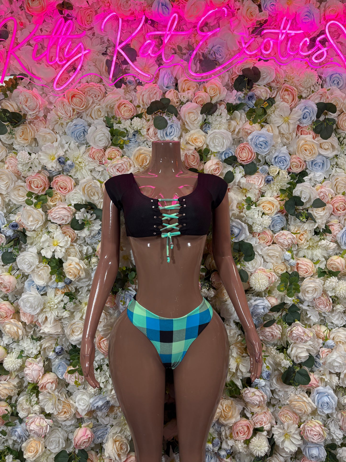 Exotic Dancewear Two-Piece Bikini, Black Blue Multicolor Club Rave Outfit