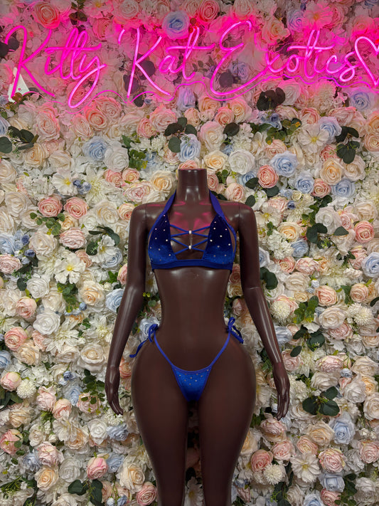 Blue velvet two-piece festival set, crisscross strap triangle bra and matching bottoms