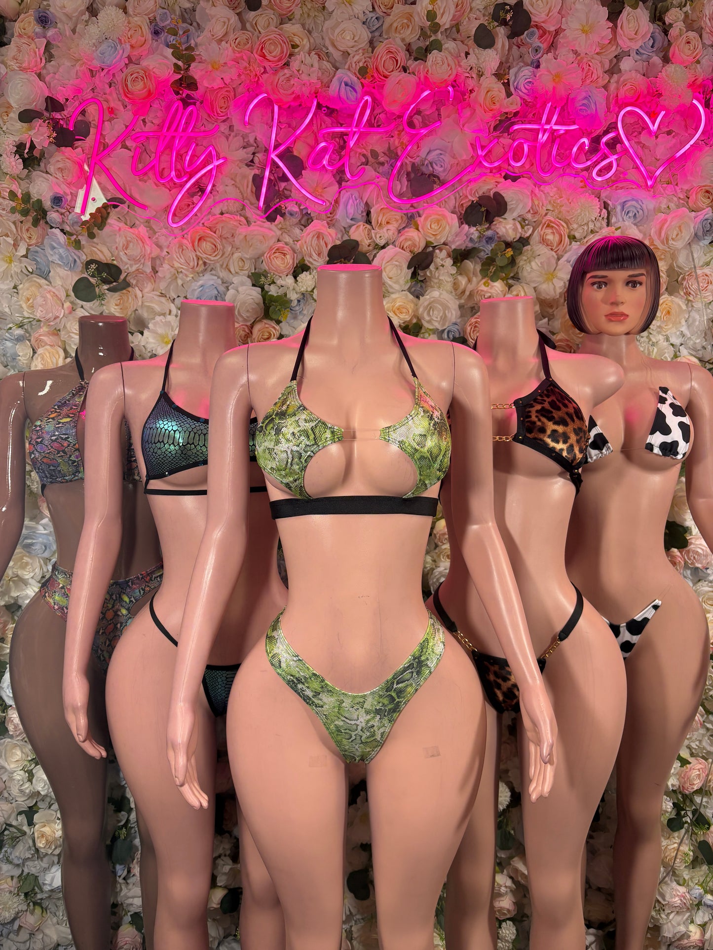 Animal-print bikini sets on models: triangle tops and thong bottoms, black/white and green