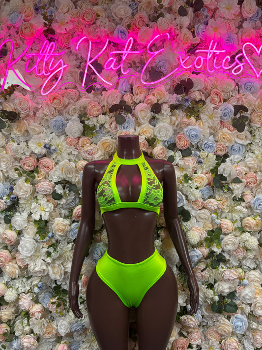 Neon green rave bodysuit two-piece with halter crop top and high-cut briefs