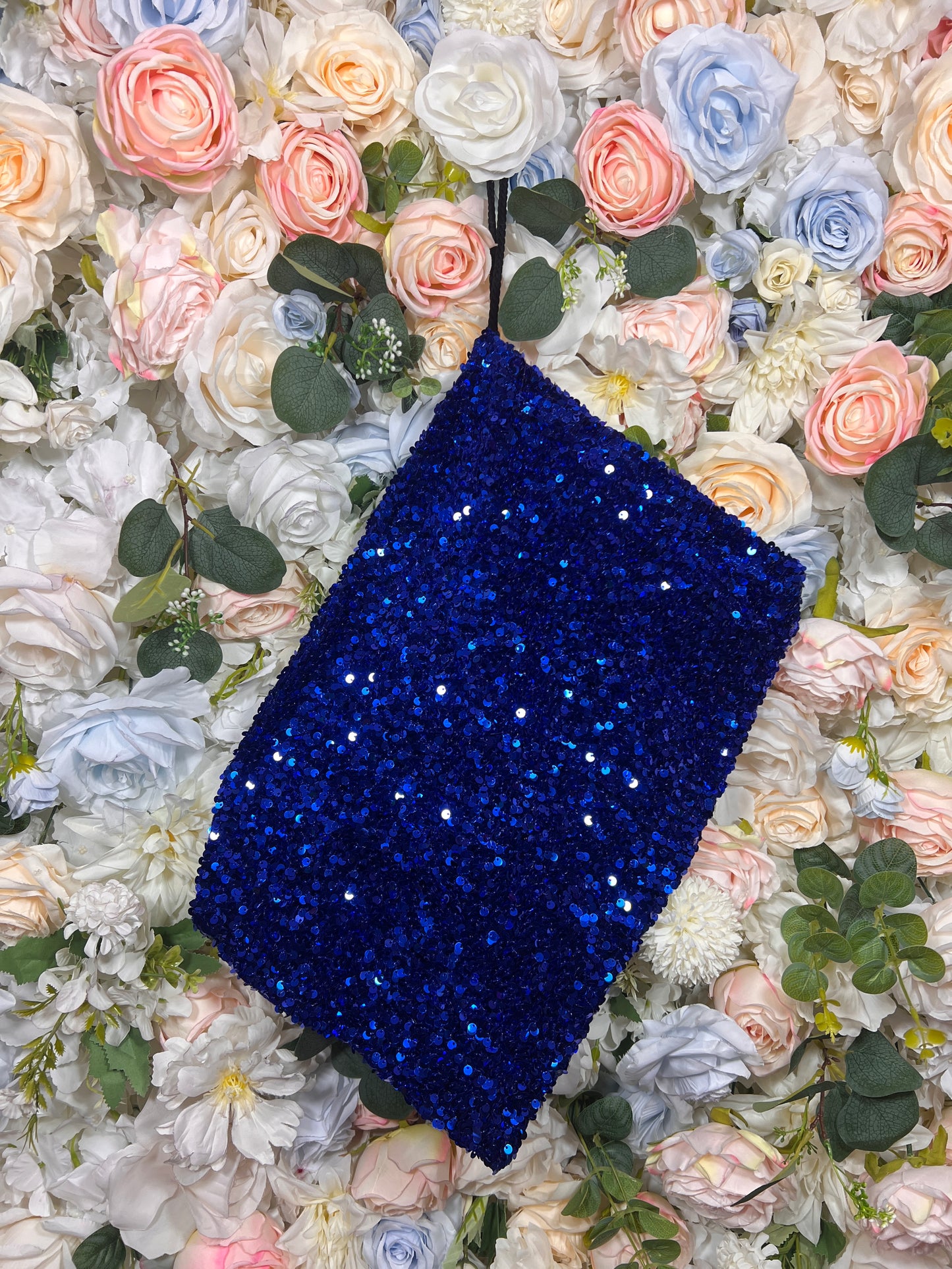Blue sequined velvet money bag pouch, rectangular with glitter texture